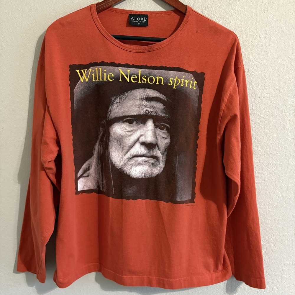 Willie Nelson Spirit Long Sleeve T Shirt Aloré Made USA Orange Size L Flaw